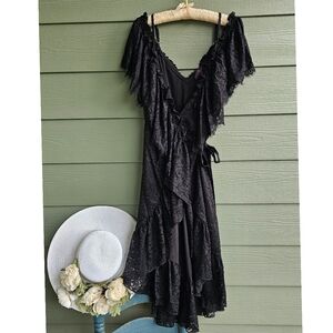 Hale Bob Black Lace Ruffle Off Shoulder Wrap Midi Dress